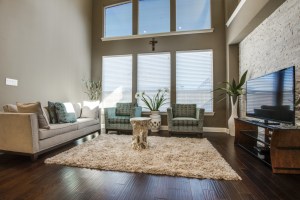 The massive wall of windows and completely tiled wall in the TV niche. VERY nice touch!