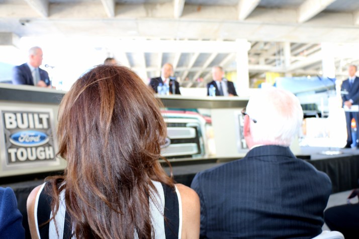 Charlotte Jones and Sam Pack look on as the Dallas Cowboys announce their new name, the Ford Center.