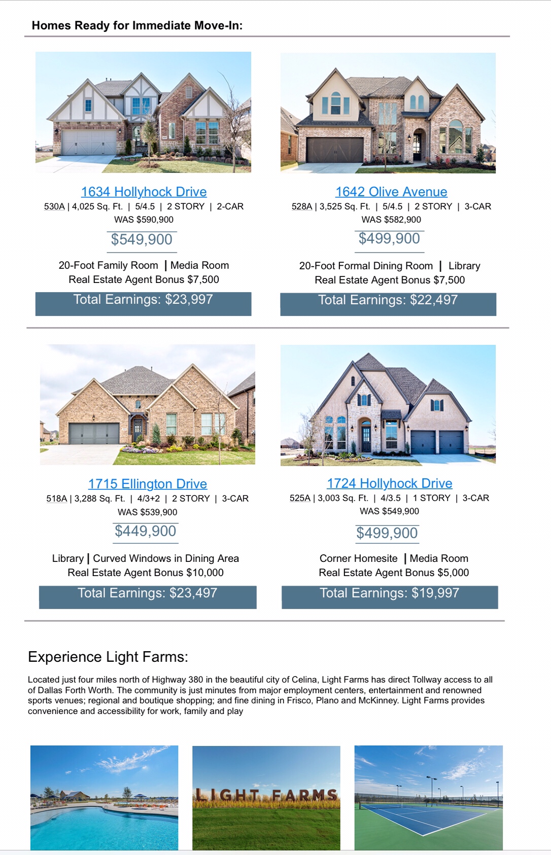 Britton Homes at Light Farms has 4 Inventory Homes ready for Immediate